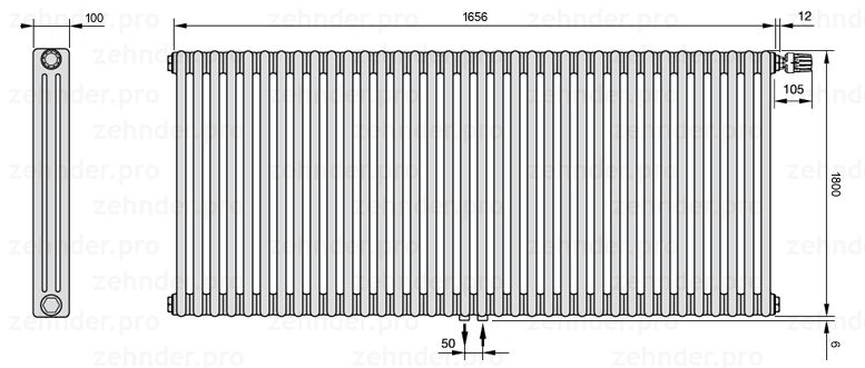 Схема (чертеж) Радиатор Zehnder Charleston 3180/36 №V008 Technoline TL